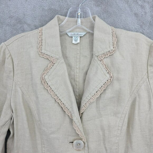 Intuitions Cropped Blazer 2 Natural Linen Lace Trim Floral Buttons Cottagecore - Picture 6 of 13